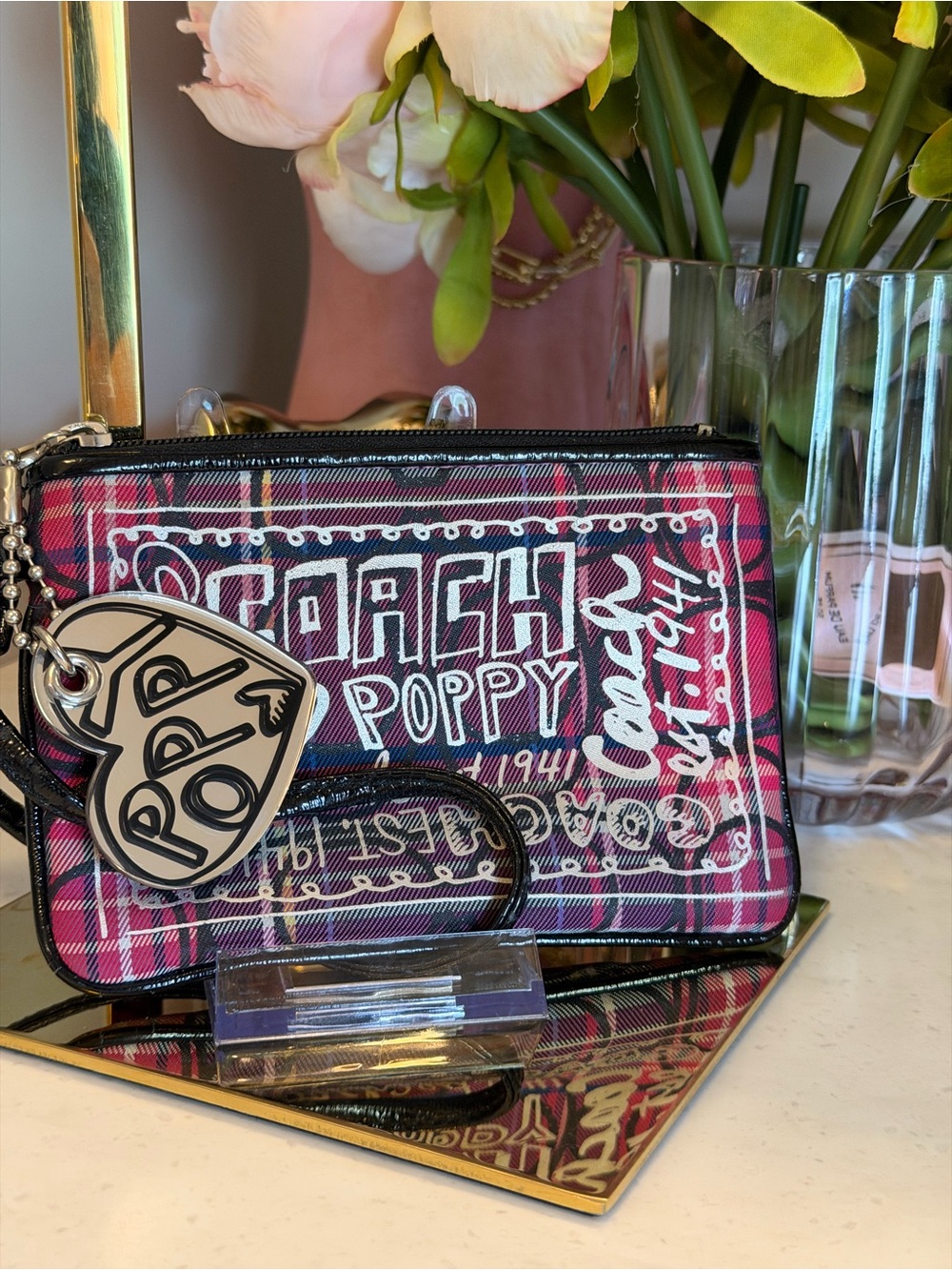 COACH Pink Plaid Poppy Zip Wristlet w Poppy Silver Heart 💜 Hang Tag